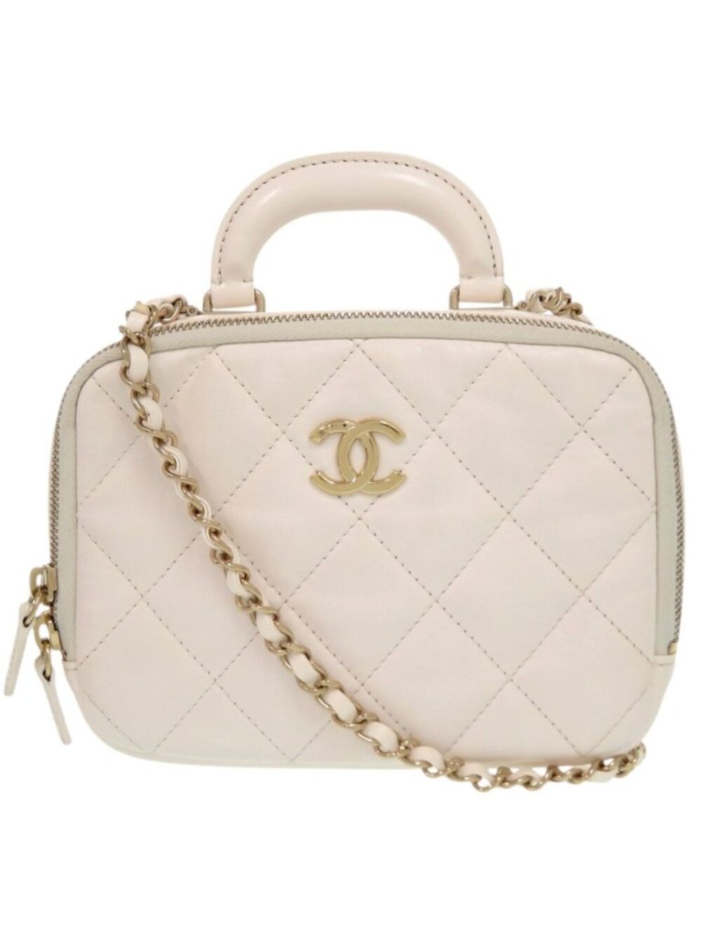 Chanel Vanity Case Quilted Chain Shoulder Bag Lambskin White